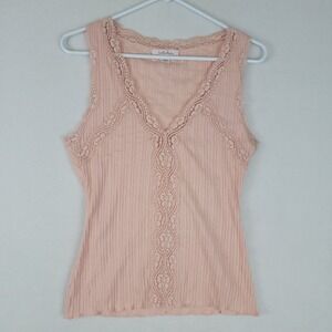 Vintage Y2K Intuitions Womens Pink Ribbed Lace Trim V-Neck Tank Top Size Medium